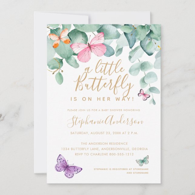 Butterfly Baby Shower Pink Gold Eucalyptus Invitation (Front)