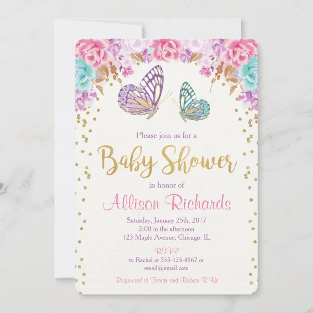 Butterfly baby shower, pink purple gold girl invitation | Zazzle