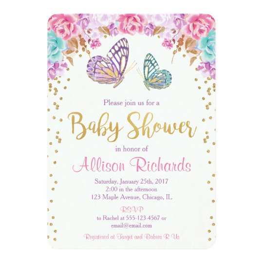 Erfly Baby Shower Pink Purple Gold Invitation Zazzle