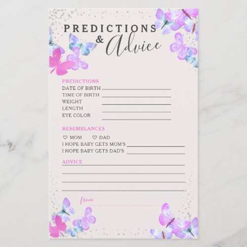 Butterfly Baby Shower Predictions and Advice Card