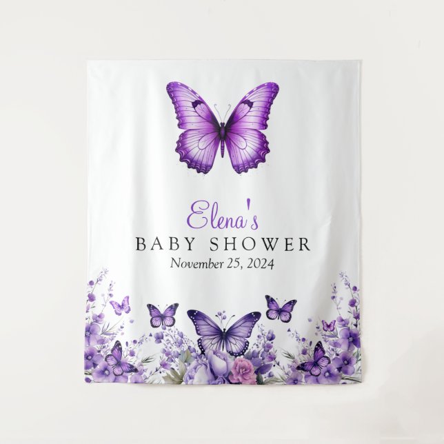 Butterfly Baby Shower Purple Floral Backdrop (Front)
