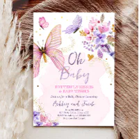 Pink gold purple butterfly girl baby shower invitation