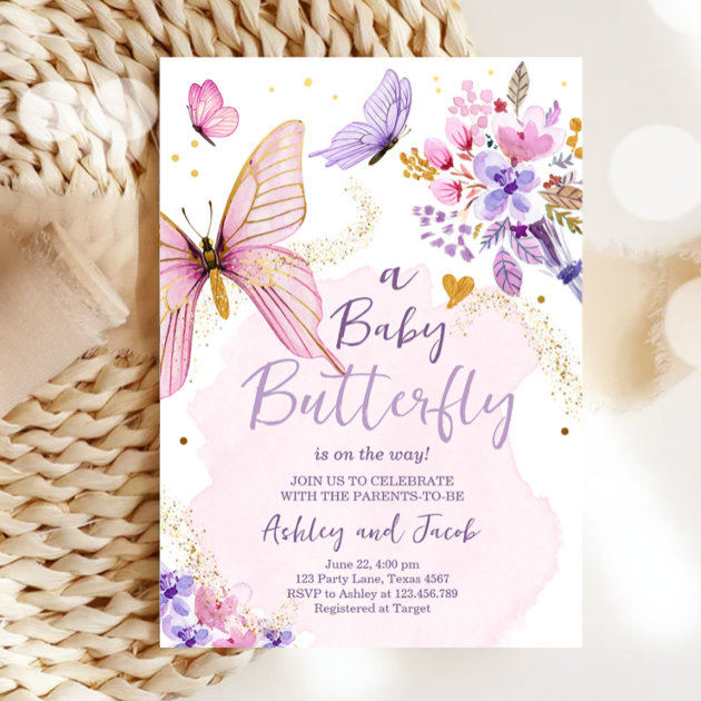 Purple butterfly sale baby shower invitations