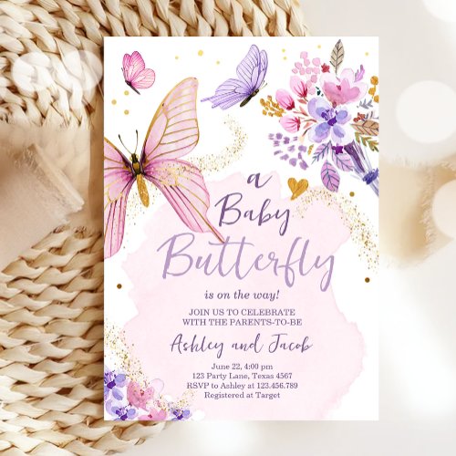 Butterfly Baby Shower Purple Floral Pink Girl  Invitation