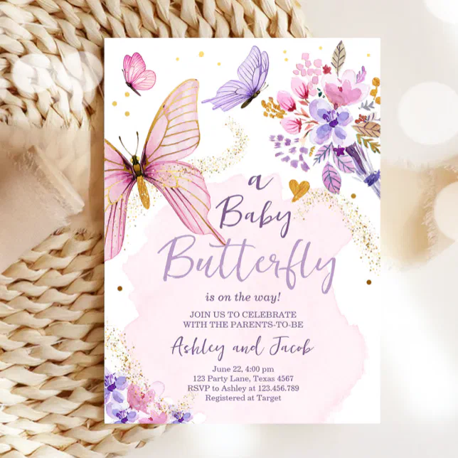 Butterfly Baby Shower Purple Floral Pink Girl Invitation | Zazzle