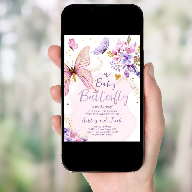 Butterfly Baby Shower Purple Floral Pink Girl  Invitation (Front Digital)