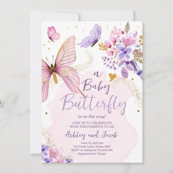 Butterfly Baby Shower Purple Floral Pink Girl Invitation | Zazzle