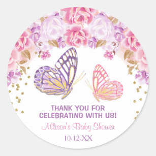 Butterfly baby shower stickers, pink purple gold classic round sticker
