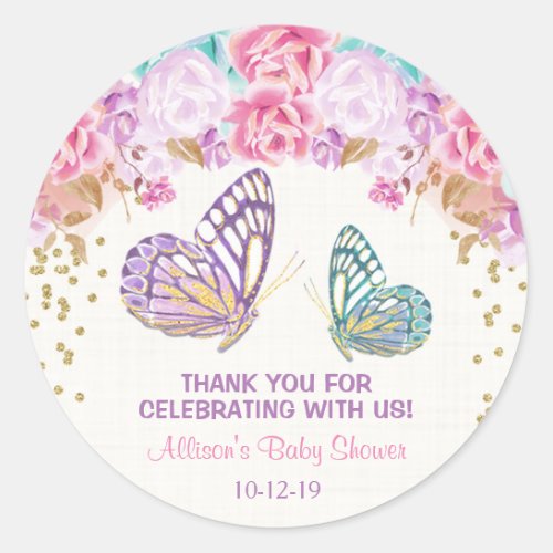 Butterfly baby shower stickers pink teal gold classic round sticker