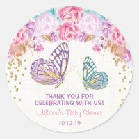 Butterfly baby shower stickers, pink teal gold classic round sticker