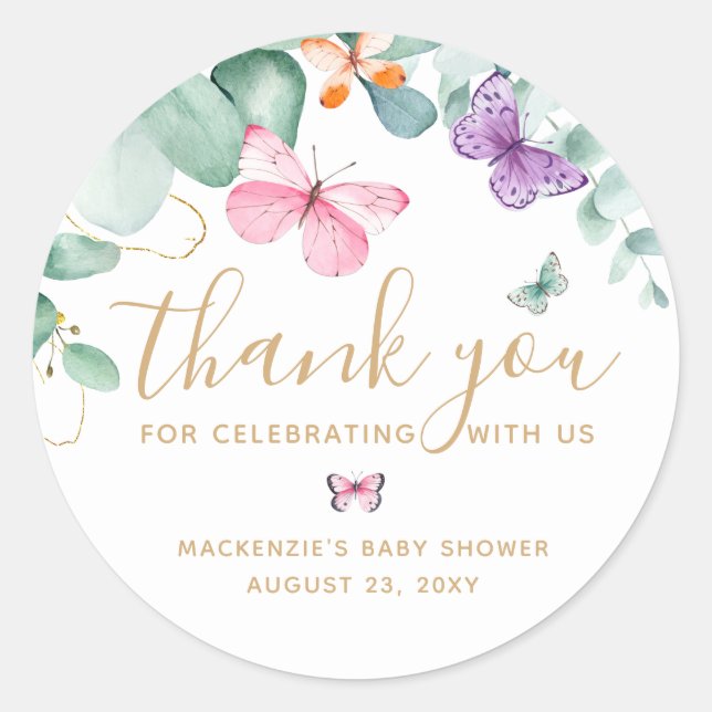 Butterfly Baby Shower Thank You Favor Classic Round Sticker (Front)
