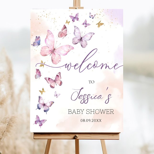 Butterfly Baby Shower Welcome Sign Purple Pink  (Creator Uploaded)