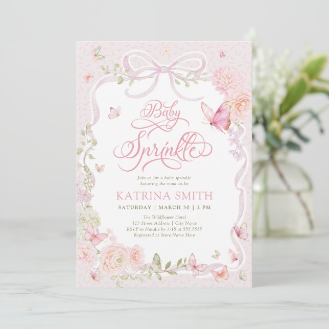 Butterfly Baby Sprinkle Floral Girl Baby Shower Invitation (Standing Front)