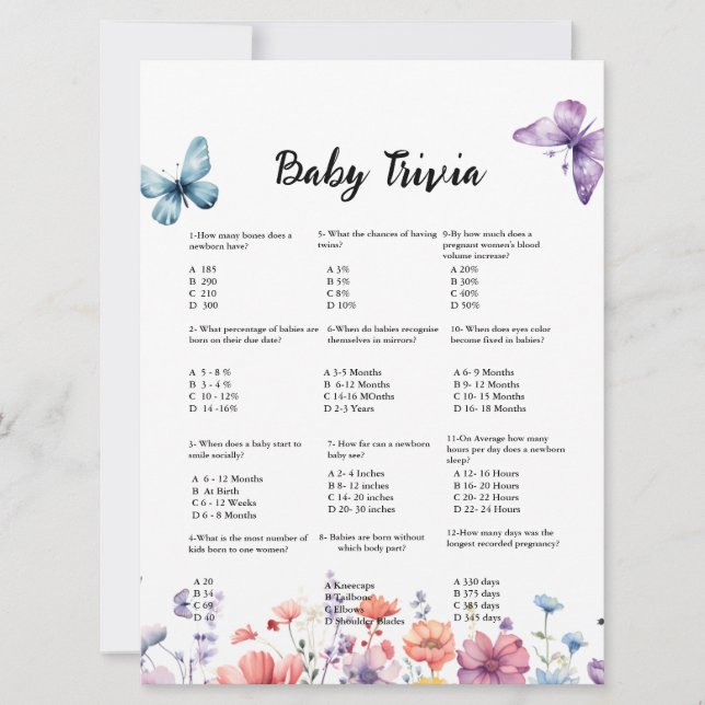 Butterfly baby trivia game baby shower game (Front)