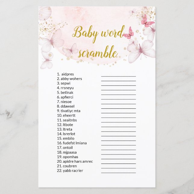 Butterfly  Baby Word Scramble Baby Shower  Games (Front)