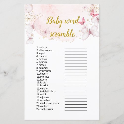Butterfly  Baby Word Scramble Baby Shower  Games