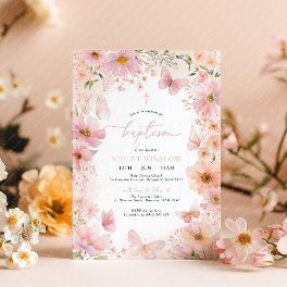 Butterfly Baptism Floral Pink Peach Girl Invitation