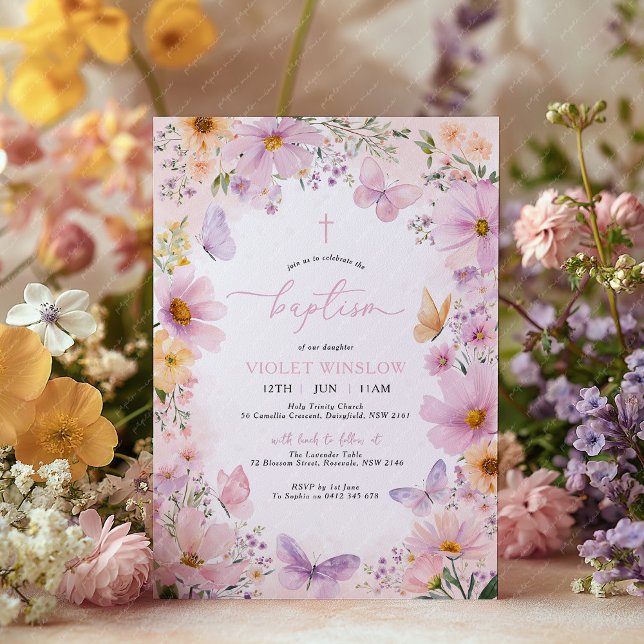 Butterfly Baptism Floral Pink Purple Girl Invitation (Pink Purple Floral Baptism or Christening Invitation with flowers and butterflies.)