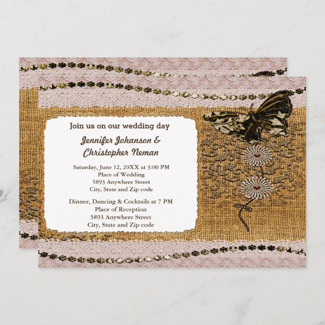 Butterfly, Beads Lace & Burlap Wedding Invitation (Front/Back)