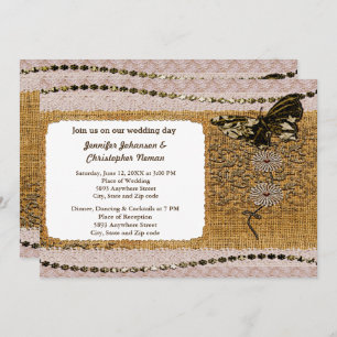 Butterfly, Beads Lace & Burlap Wedding Invitation