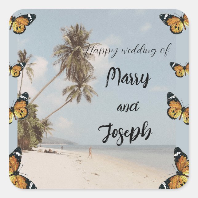 Butterfly Beautiful Day Beach Tropical Wedding Square Sticker (Front)