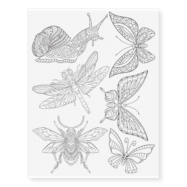 Butterfly Beetle Dragonfly Snail Coloring Temporary Tattoos (Front)