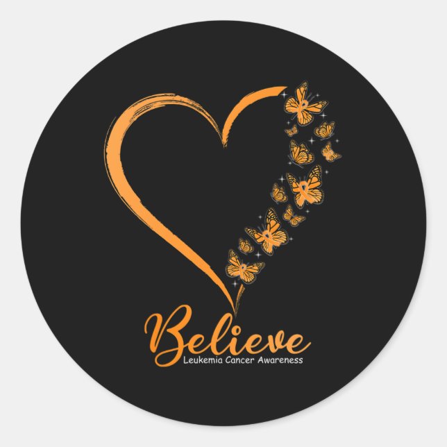 Butterfly Believe Leukemia Awareness Orange Ribbon Classic Round Sticker (Front)