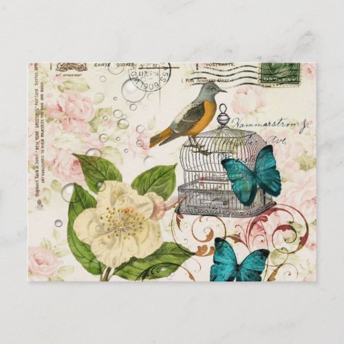 butterfly birdcage french camellia modern vintage postcard