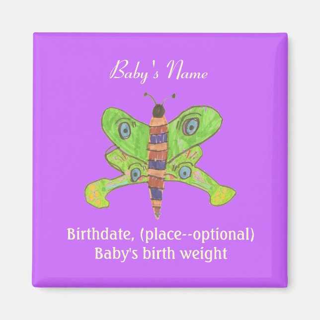 Butterfly birth announcement keepsake magnet (Front)