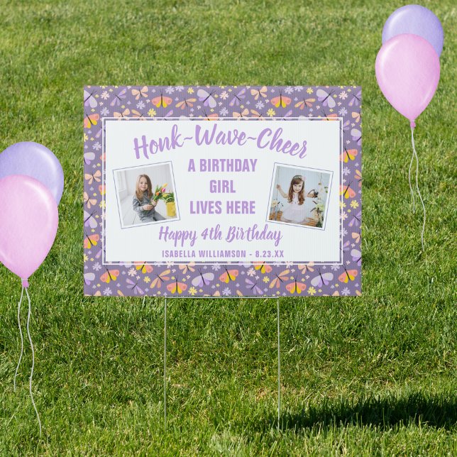 Butterfly Birthday Girl Photo Honk Wave Cheer Yard Sign (Creator Uploaded)