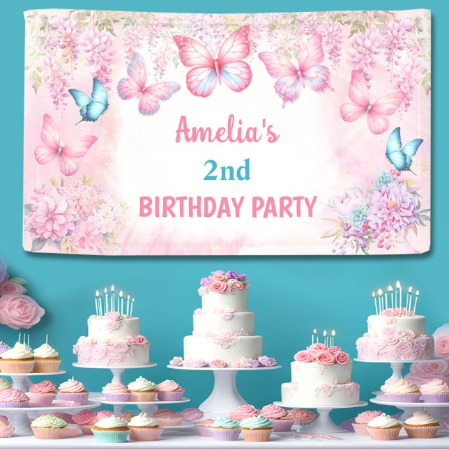 Butterfly Birthday Girl Pink Summer Floral Banner (Butterfly Birthday Girl Pink Summer Floral Banner)