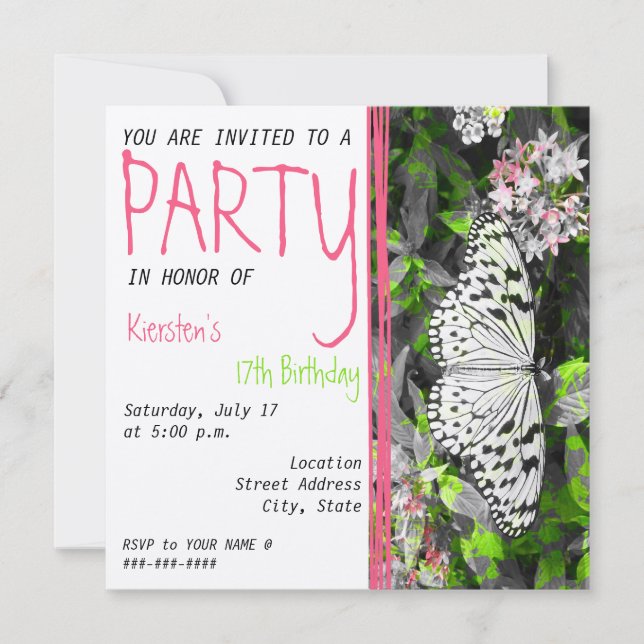 Butterfly Birthday Invitation - Black White Color (Front)