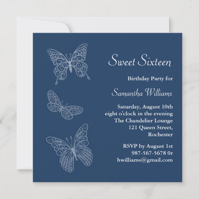 Butterfly Birthday Invitation (blue) (Front)