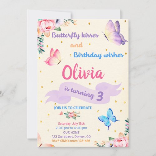 Butterfly birthday invitation Butterfly kisses