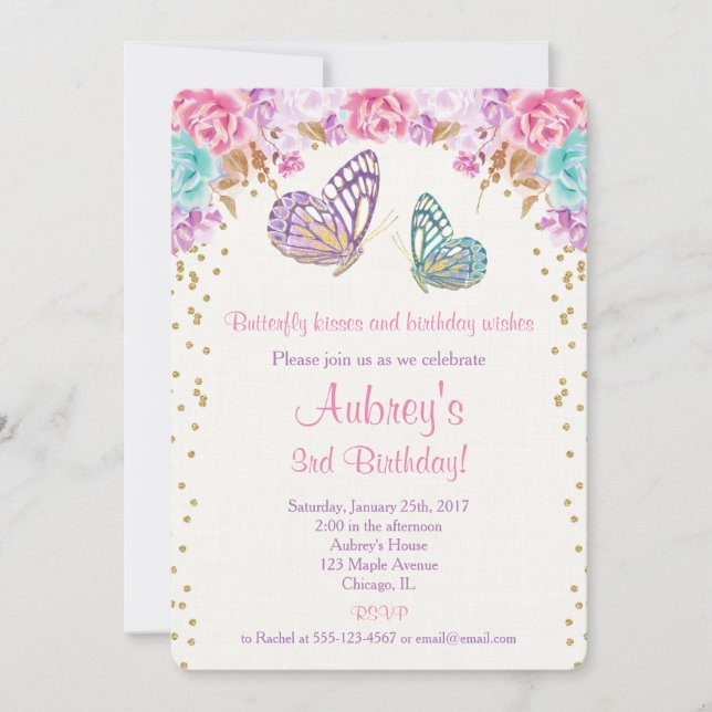 Butterfly birthday invitation, pink purple gold invitation (Front)