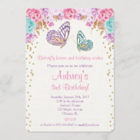 Butterfly birthday invitation, pink purple gold