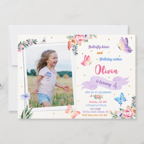 Butterfly birthday invitation with photo picture