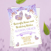 Butterfly birthday invitations, purple gold girl