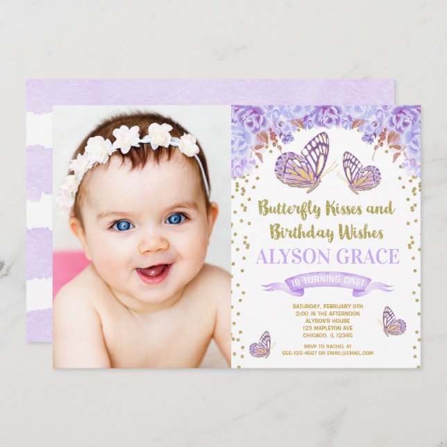 Butterfly birthday invitations, purple gold photo invitation (Front/Back)