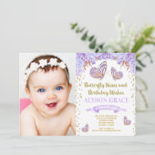 Butterfly birthday invitations, purple gold photo invitation (Standing Front)