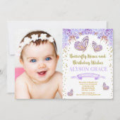 Butterfly birthday invitations, purple gold photo invitation (Front)