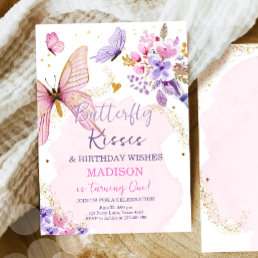 Butterfly Birthday Kisses Purple Floral Pink Girl  Invitation