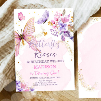 Butterfly Birthday Kisses Purple Floral Pink Girl  Invitation by Anietillustration at Zazzle