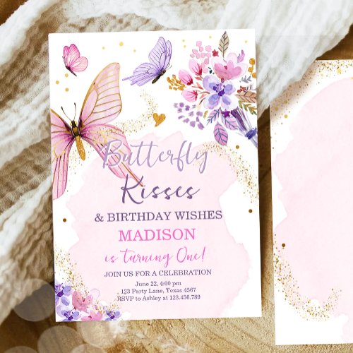 Butterfly Birthday Kisses Purple Floral Pink Girl  Invitation