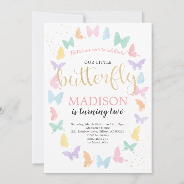 Butterfly Birthday Party Invitation Rainbow Colors (Front)