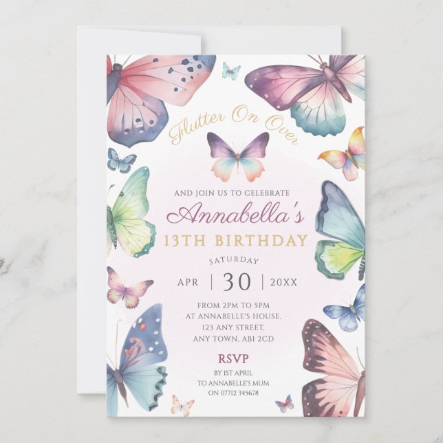 Butterfly Birthday Party Invite Pastel Butterflies (Front)