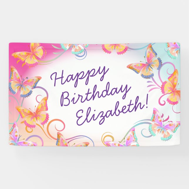 Butterfly Birthday Party Kids Colorful  Banner (Horizontal)