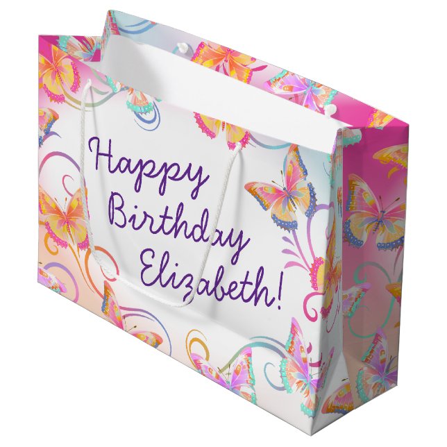 Butterfly Birthday Party Kids Colorful  Large Gift Bag (Front Angled)