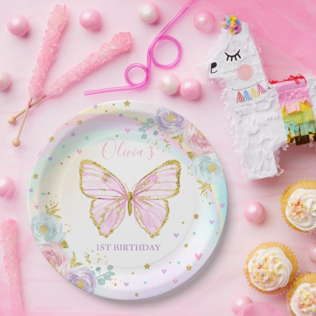 Butterfly Birthday Party Pink Floral Butterfly Paper Plates (Party)
