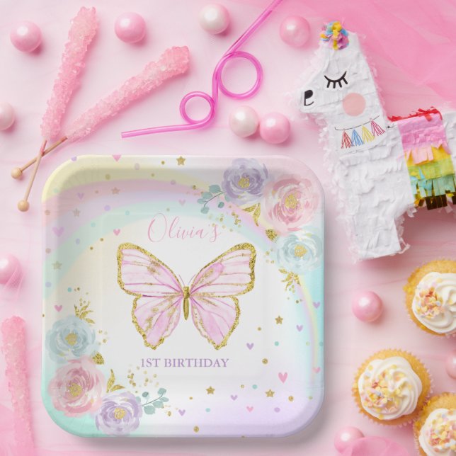 Butterfly Birthday Party Pink Floral Butterfly Paper Plates (Party)